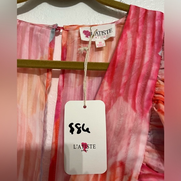 NWT L’atiste By Amy Womens M Multicolor Ruffle Mini Dress Deep V Puff Sleeve - Picture 3 of 14